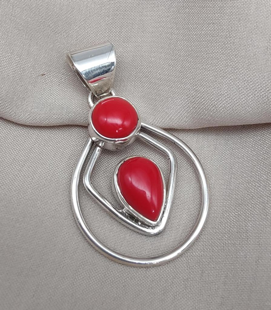 Red Coral Pendant: Two-Stone 925 Sterling Silver Boho Necklace
