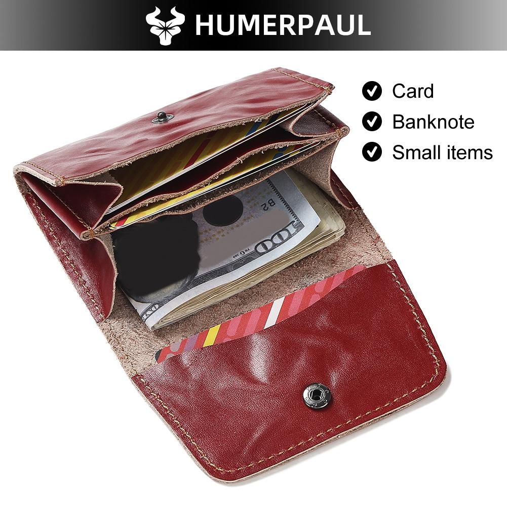 HUMERPAUL Ladies wallet first layer cowhide solid color convenient retro style short coin purse credit card storage leather solid color card case