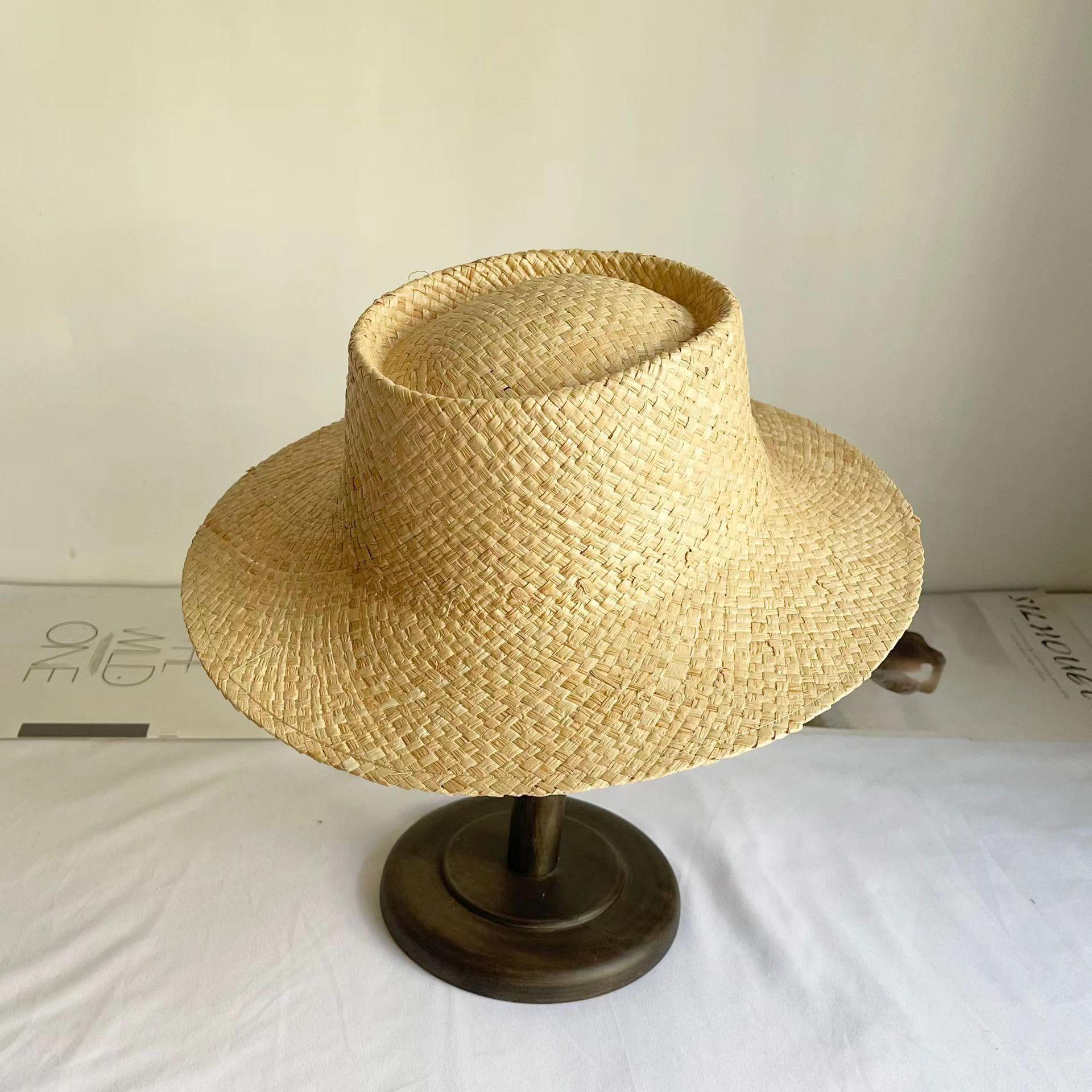 Large Brim Straw Hat Raffia Hand-woven Pattern Straw Hat Sun Protection Beach Sun Hat Women s British Retro Basin Hat 55-58CM