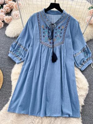 National Style Retro Embroidered Woman Dress Slim Fit Mid Length Frill Vintage Gothic Dresses Elegant Puff Sleeve New Party Dress