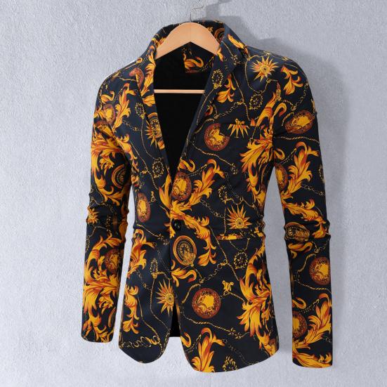 Sonbahar Erkek Blazer Moda Baskılı Devrik Yaka Uzun Kollu Tek Düğmeli Bol Kesim Takım Ceketi Sokak Giyim