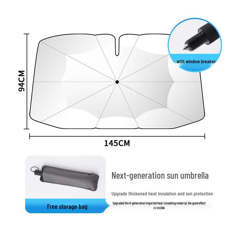 Full Bend Handle Front Windshield Sunshade: Umbrella-Style, Heat-Insulating Sun Protection with Pull Rope