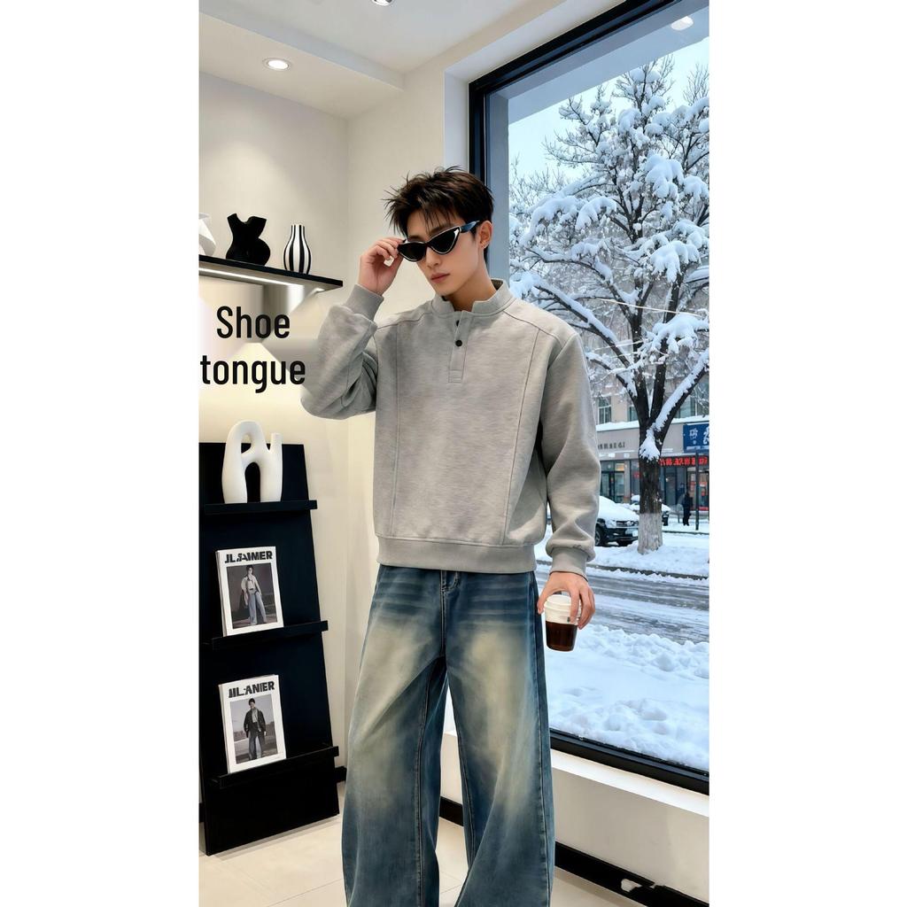 Men's Autumn/Winter Fleece-Lined Henley Long-Sleeved T-Shirt: Thick, Warm, Loose-Fit Base Layer