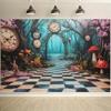 2D Alice in Wonderland Backdrop, Magical Forest Clock & Mushroom Background for Party