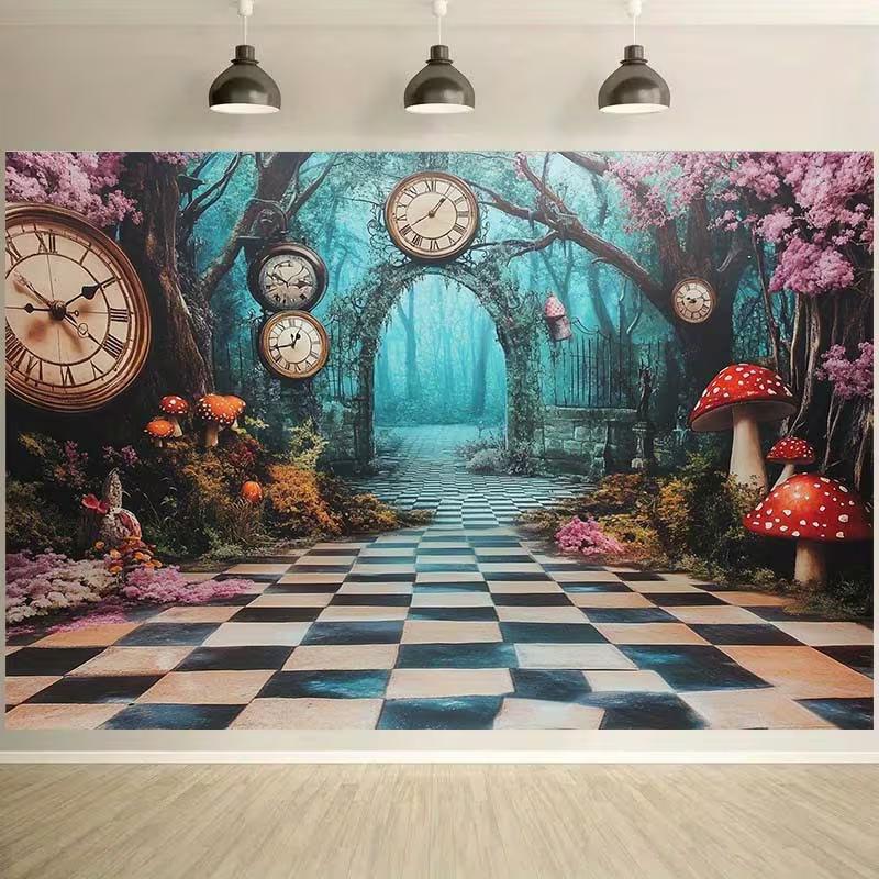 2D Alice in Wonderland Backdrop, Magical Forest Clock & Mushroom Background for Party