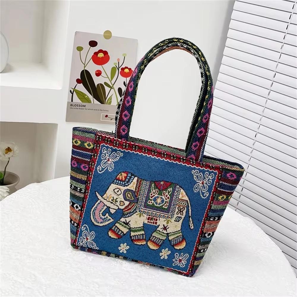 

Women Embroidered Tote Bag Retro Owl Elephant Printed Handbags Ladies Large Capacity Reusable Shopping Bag Female Shoulder Bag