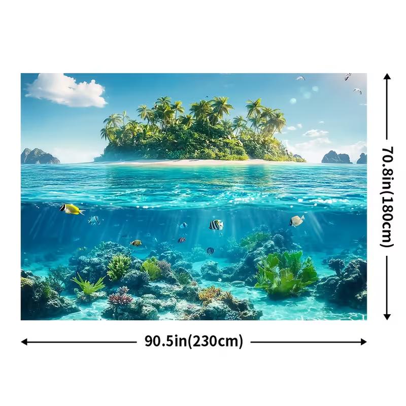 2D Printed Split Ocean View Backdrop, Tropical Island with Underwater Coral Reef Photography Background