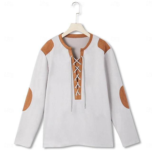 Podzim/Zima 2025 Patchwork Henley Outdoor Streetwear Pánské semišové tričko s dlouhým rukávem a stahovací šňůrkou