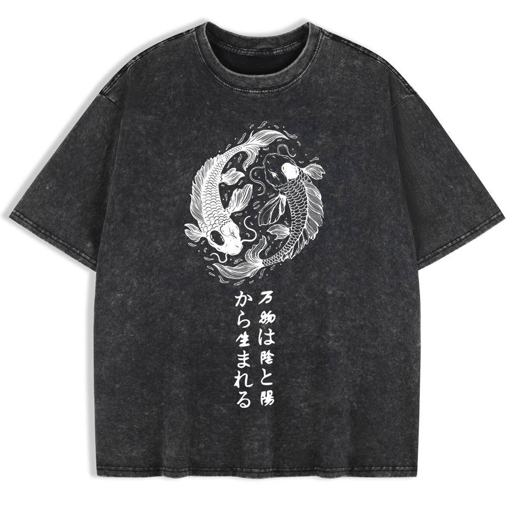 

Мужские washed футболки с принтом Japanese Koi Harajuku, хлопковые топы с коротким рукавом, уличные оверсайз футболки, одежда S