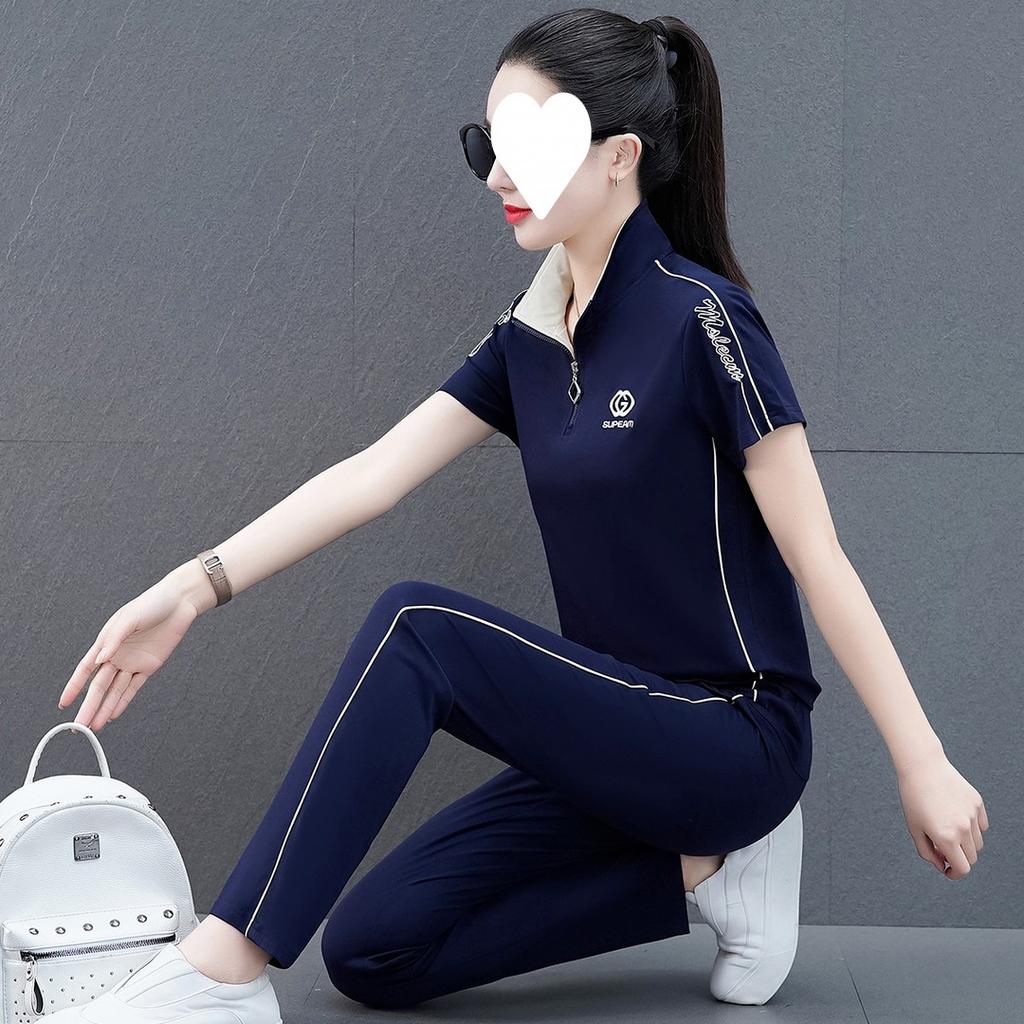 Sports Suit Women's Summer Fashion Style Stand Collar Short-sleeved Summer Casual Wear Two-piece Set