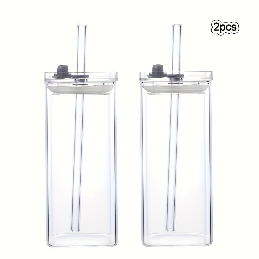 2/4pcs Square Glass Coffee Mugs with Lids and Straws, Reusable Drinking Cups with Glass Covers, Ideal for Coffee, Tea, Home, Office, School
