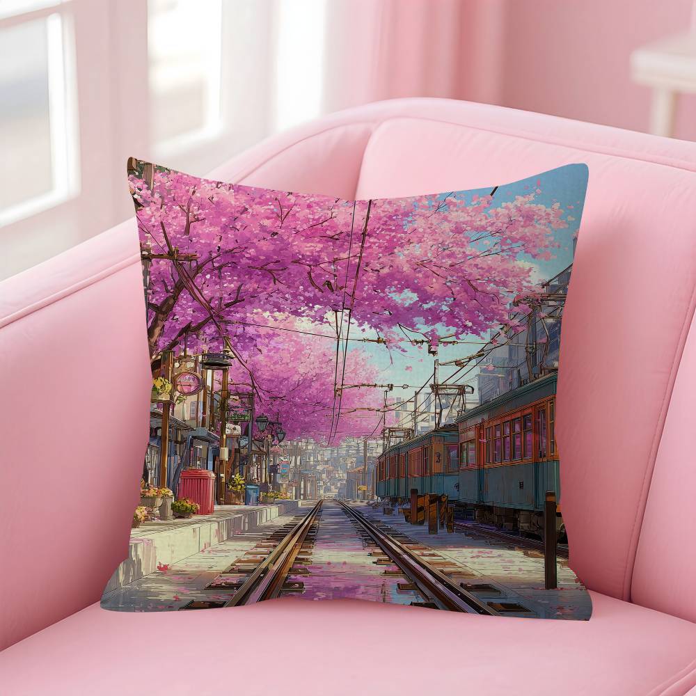 Japanese Street Train Scenery Sakura Cushion Cover Pillow Cover Decor Pillowcase Printed Cushion Case For Couch