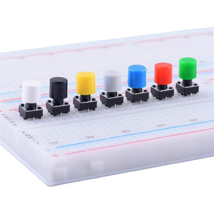 84Pcs 6×6×8mm Momentary Tactile Tact Push Button Switch with Button Caps of 7 Color,Each Color 12pcs(Black,Red,Blue,Yellow,White, Green,Gray) for