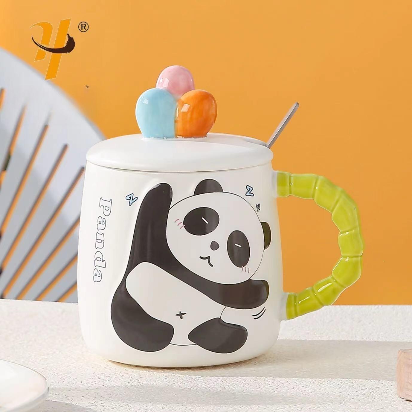 Kreative Panda-Tassen Haushalt Cartoon Keramiktassen Hohes Erscheinungsbild Paar-Tassen Niedliche Trinkbecher mit DECKELN Löffel als Geschenke 480ml