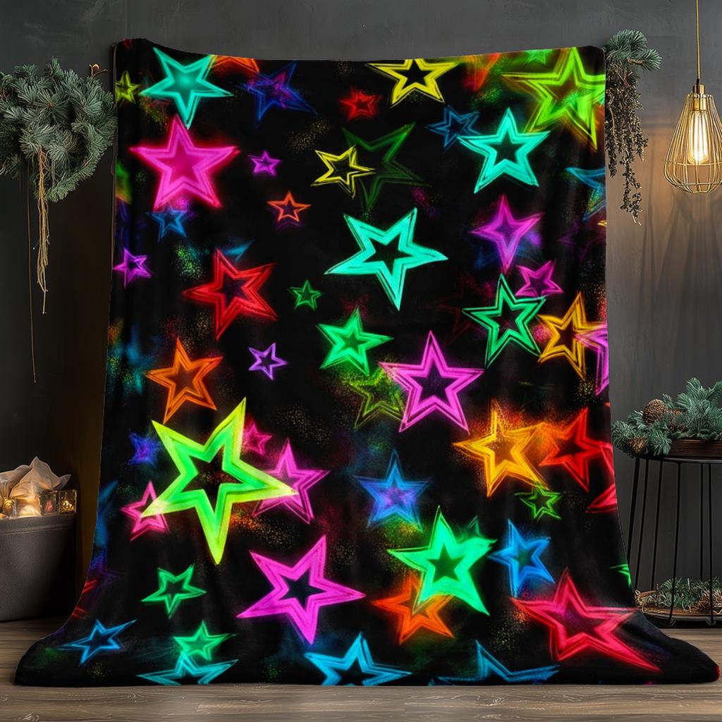 1pc Neon Stars Black Background Galaxy Pattern Flannel Blanket Colorful Soft Throw Blanket for Teen Room Party Decor Gift