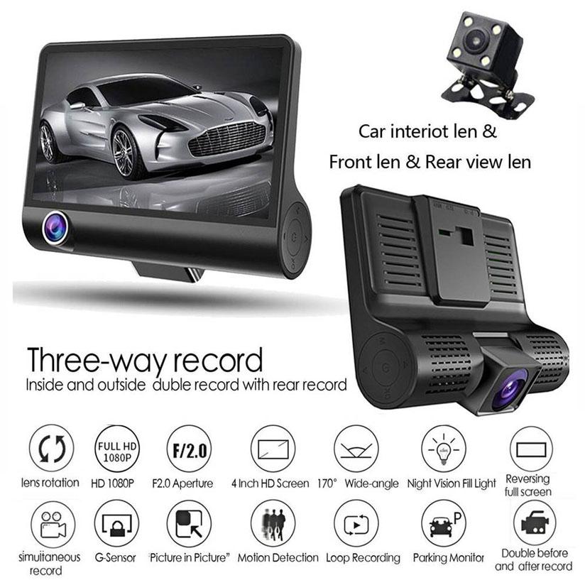 3 Lens Driving Recorder 4" Touch Screen 1080P Car DVR Dash Cam Video Recorder with G-sensor Motion Detection Parking Guard