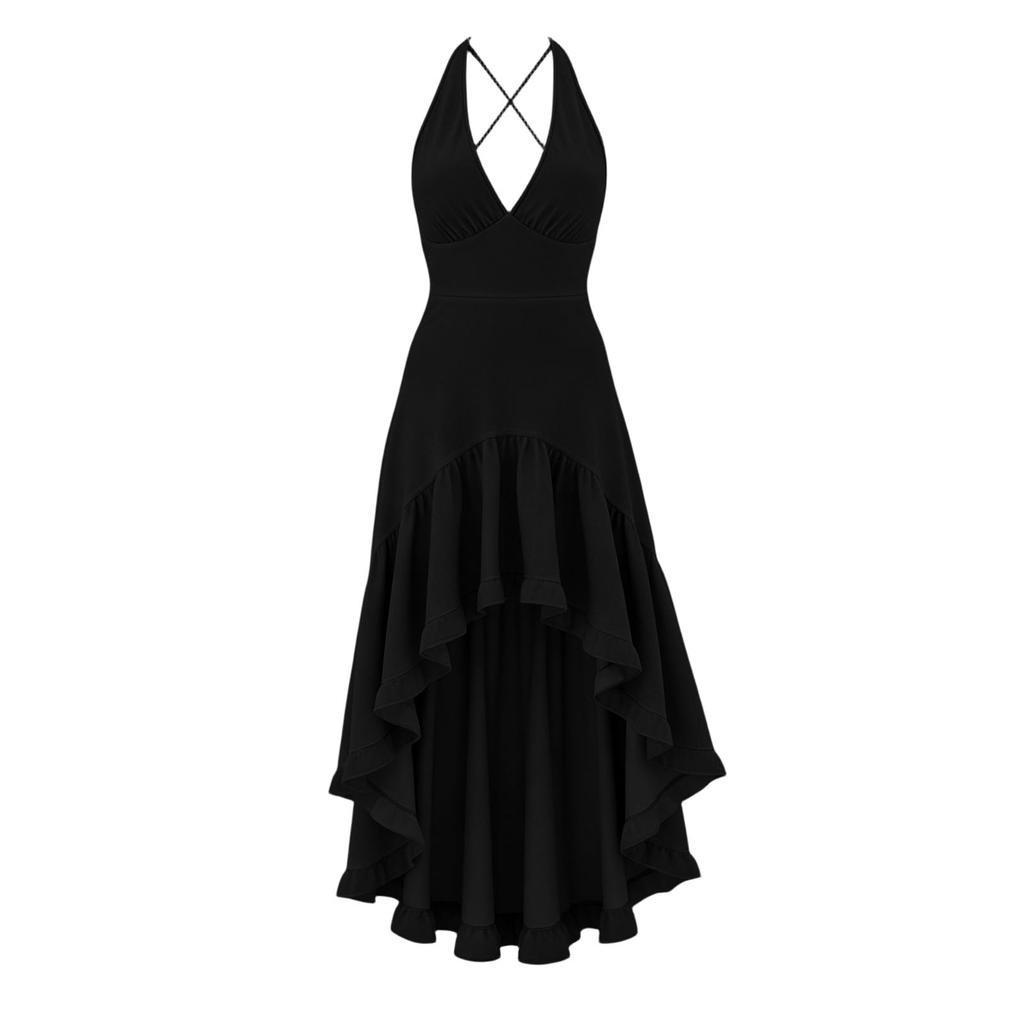 Abito da Donna Senza Maniche Scollo a V con Orlo a Volant Vintage Design High-Low per Eventi Casual Serali Estivi