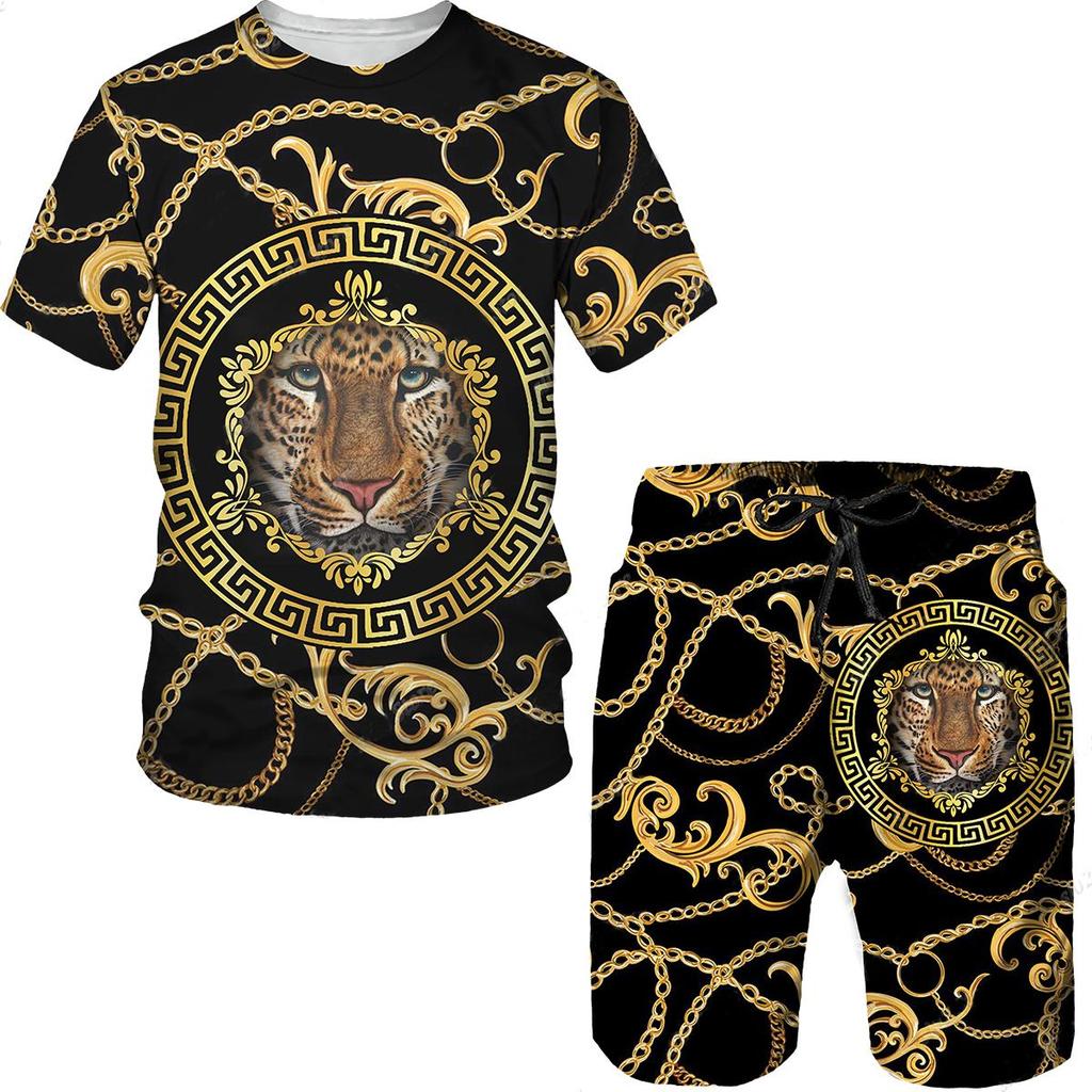 Men's Simple T-Shirt Set 3D Printing T-Shirt Shorts Sportswear Fitness Sports 2 Piece Set Lion Head Sports Pants Men