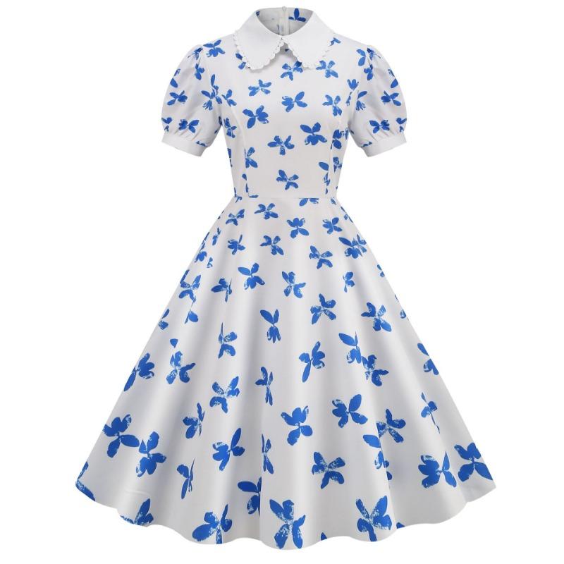 

New women s clothing summer bundle neck doll collar short-sleeved retro printed medium and long dress XXXL