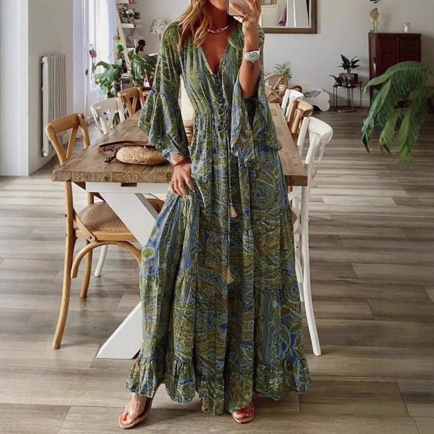 

YYFS Жіночі Модні Весняно-Осінні Сукні з Довгим Рукавом, V-подібним Вирізом, Високою Талією, Повсякденні XXXL зелений