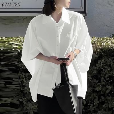 Women Casual Turn Down Collar Batwing 3/4 Sleeve Loose Blouse