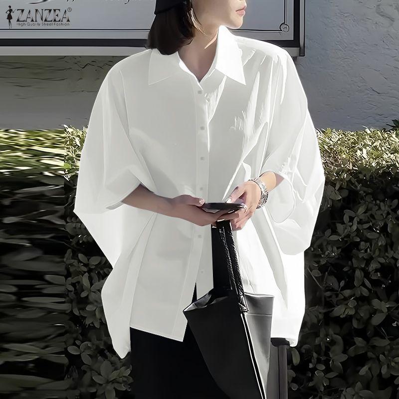ZANZEA Women Casual Turn Down Collar Batwing 3/4 Sleeve Loose Blouse