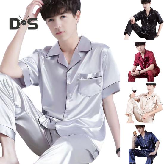 2 Teile/satz Männer Pyjamas Set Revers Kurzarm Knöpfe Knopfleiste Hemd Elastische Taille Breites Bein Lange Hosen Set Lose Fit Nachtwäsche