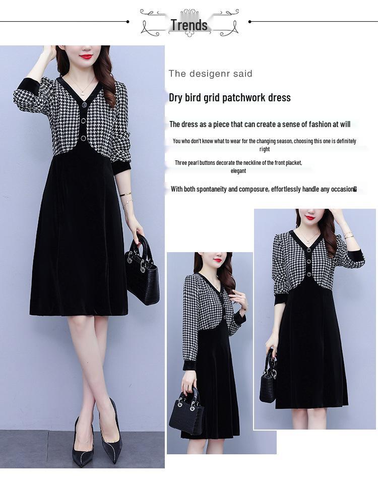 Women's Houndstooth Velvet Patchwork High Waist Midi Dress