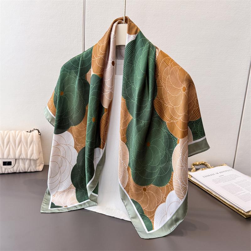 Elegant Floral Satin Emulation Silk Print 90*90 Large Square Scarf Shawl Headscarf Neck Protection Scarf Decorative Scarf One Size