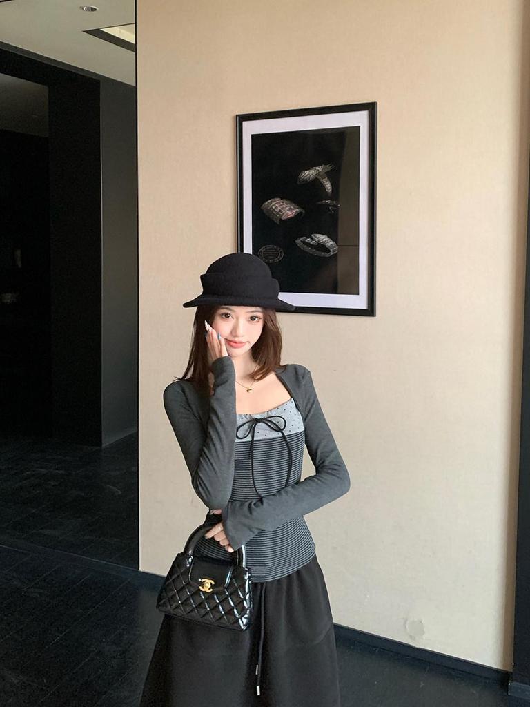 Korean Style Striped Spliced Two-Piece: Women's Winter Cotton T-Shirt & Black Woollen Midi Skirt Set