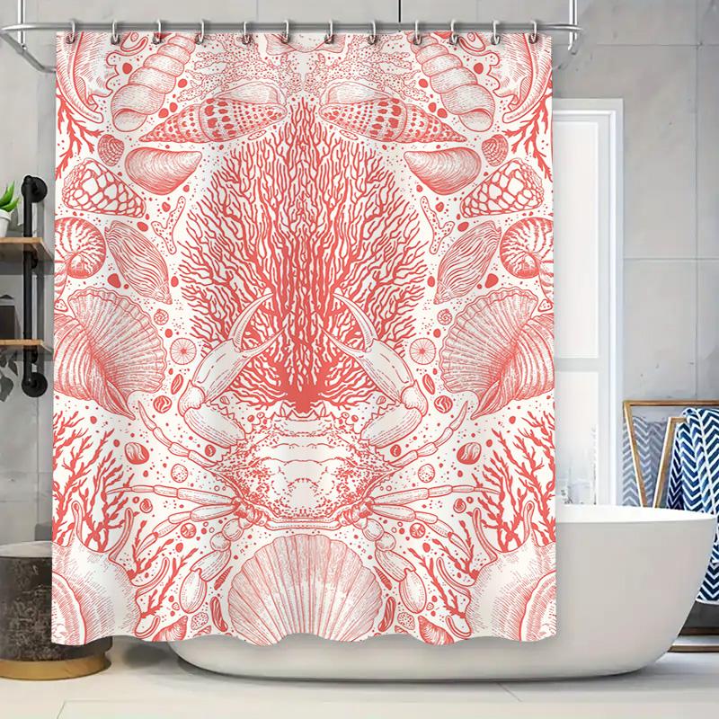 

Hand-drawn Shell Bath Mat Shower Curtain Waterproof Fabric Decorative Bathroom Shower Curtains Home Decor for Bathroom Coral Red 90x180cm