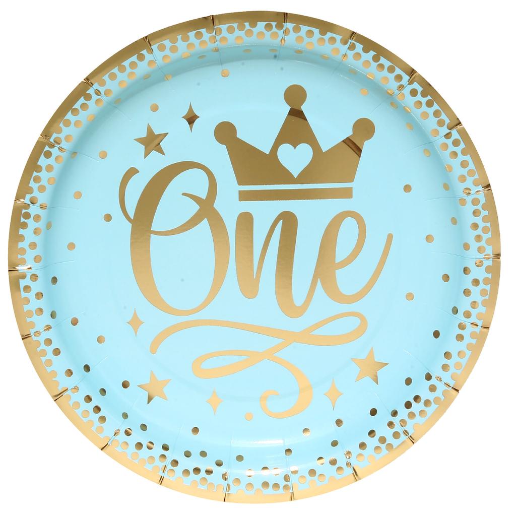 Blue Gold Boy One Year Birthday Disposable Tableware King Crown Plates Paper Cups 1st Baby Boy First Happy Birthday Party Decor