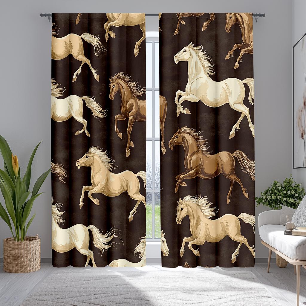 2pcs Wild Stallion Curtains - Galloping Western Horse Design   Insulated Polyester Drapes for Bedroom   Machine Washable   Semi-Tra