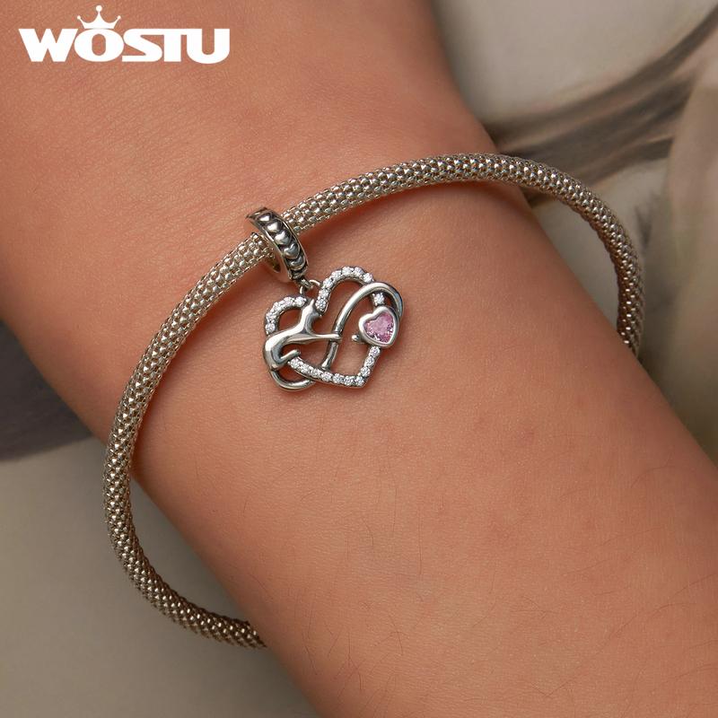 WOSTU 925 Sterling Silver Cute Heart Cat Pendant Charm Beaded for Women Fit Original DIY Bracelet Necklace Jewelry Gift