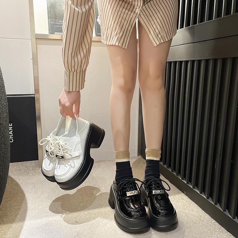 fashion 2024 Lace Up Spring Women Pumps Black Loafers Chunky 7.5CM High Heels High Platform British Autumn Ladies Thick Bottoms Shoes