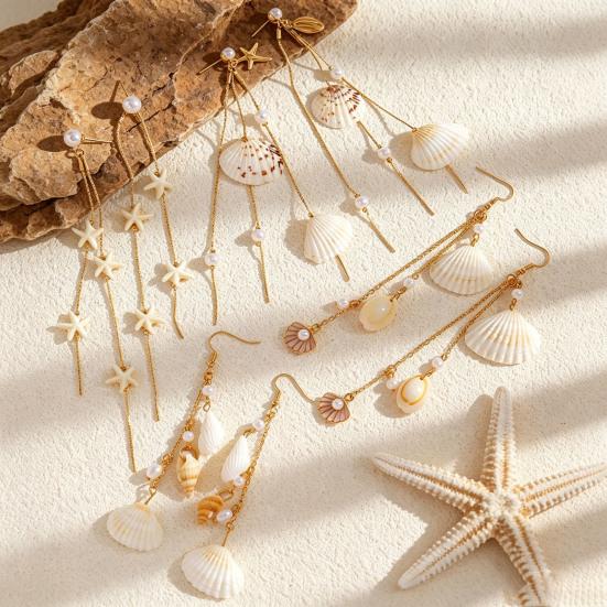 1 Pair Women Earrings, Long Tassel Shell Conch Starfish Design Drop Earrings, Imitation Pearls Earrings for Beach Vacation Jewelry