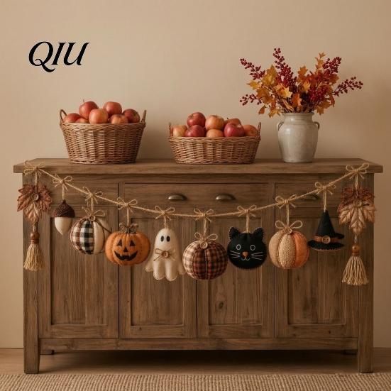 Decoraciones reutilizables para fiestas de Halloween, Guirnalda de Banderines Vintage de 61 Pulgadas, Calabaza de Tela Rellena Rústica, Fantasma, Borla Decorativa Negra Colgante para