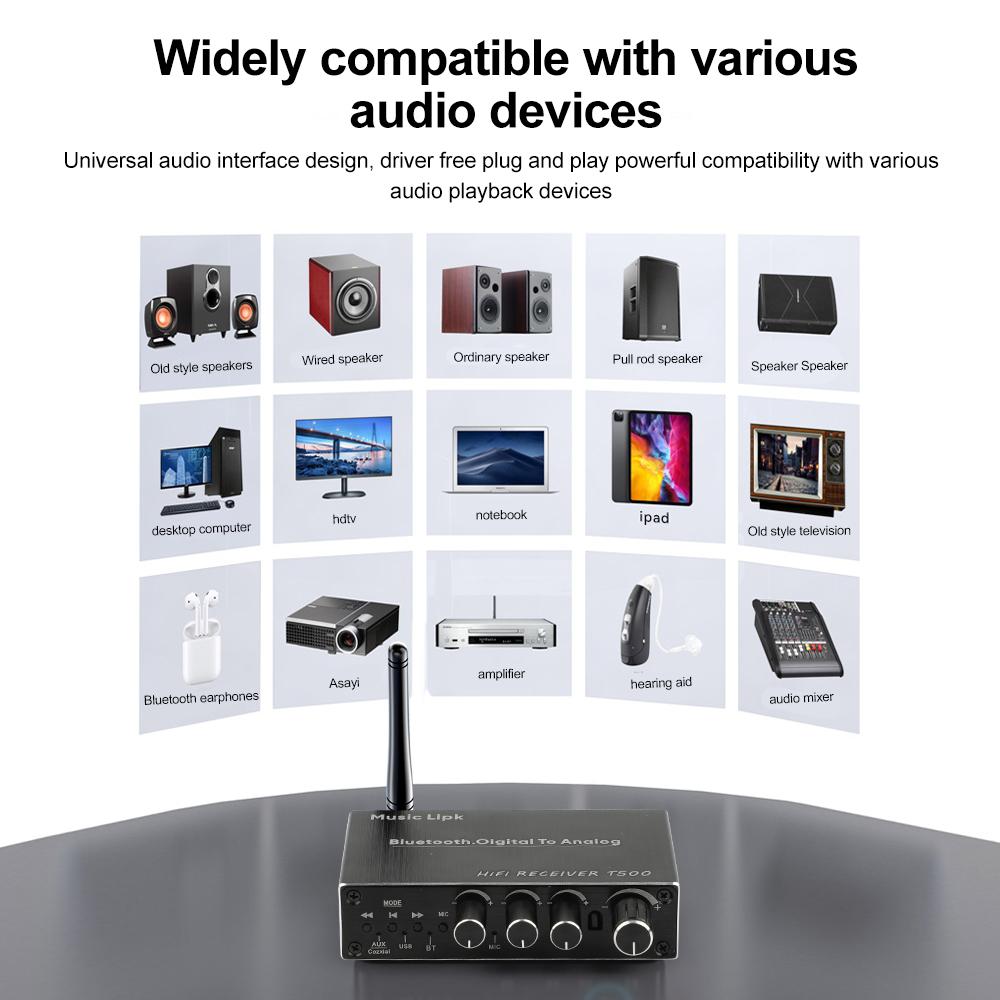 T500 DAC Bluetooth 5.4 Audio Receiver Digital To Analog Converter 3.5mm AUX RCA Coaxial USB U-Disk Karaoke Stereo Wireless Adapter