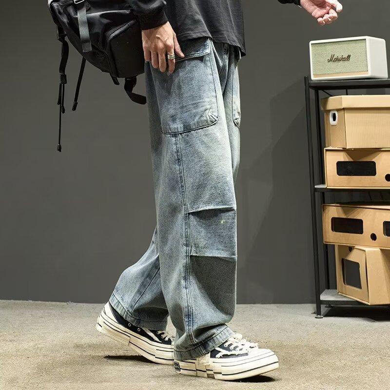 

Джинсовые брюки High Street для мужчин, ретро-состаренные, свободные прямые брюки, спортивные брюки с широкими штанинами, модные 3XL синий