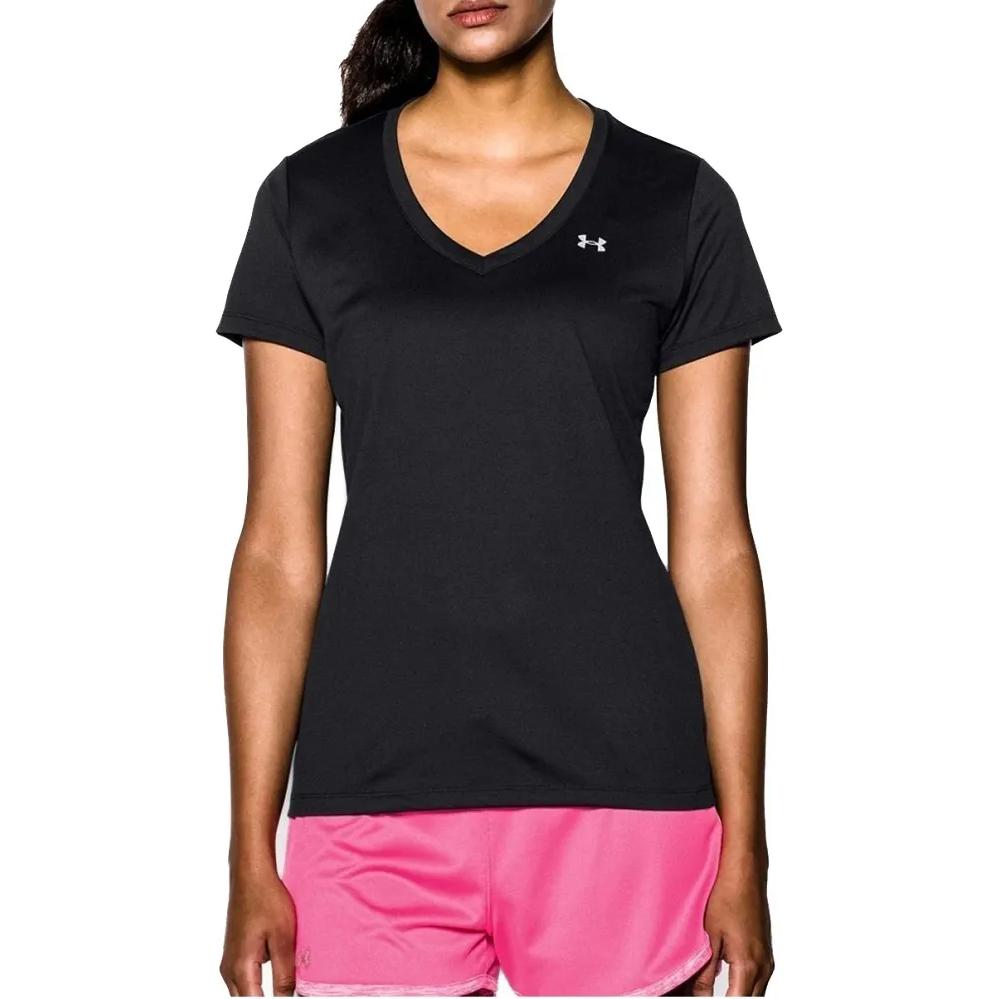 Under Armour Solid Color Logo V-Neck Short Sleeve T-Shirt Women Tops Black 1255839-002