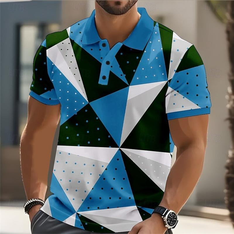 New Men's Polo Shirt Striped Pattern Short Sleeved Top with 3D Color Block Printing Casual Golf Harajuku Polo Shirt