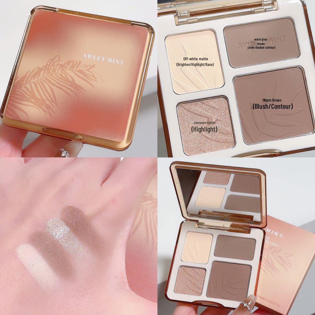 SweetMint 4-in-1 Contour & Highlight Palette: Multifunctional Four-Color Kit to Define & Brighten.