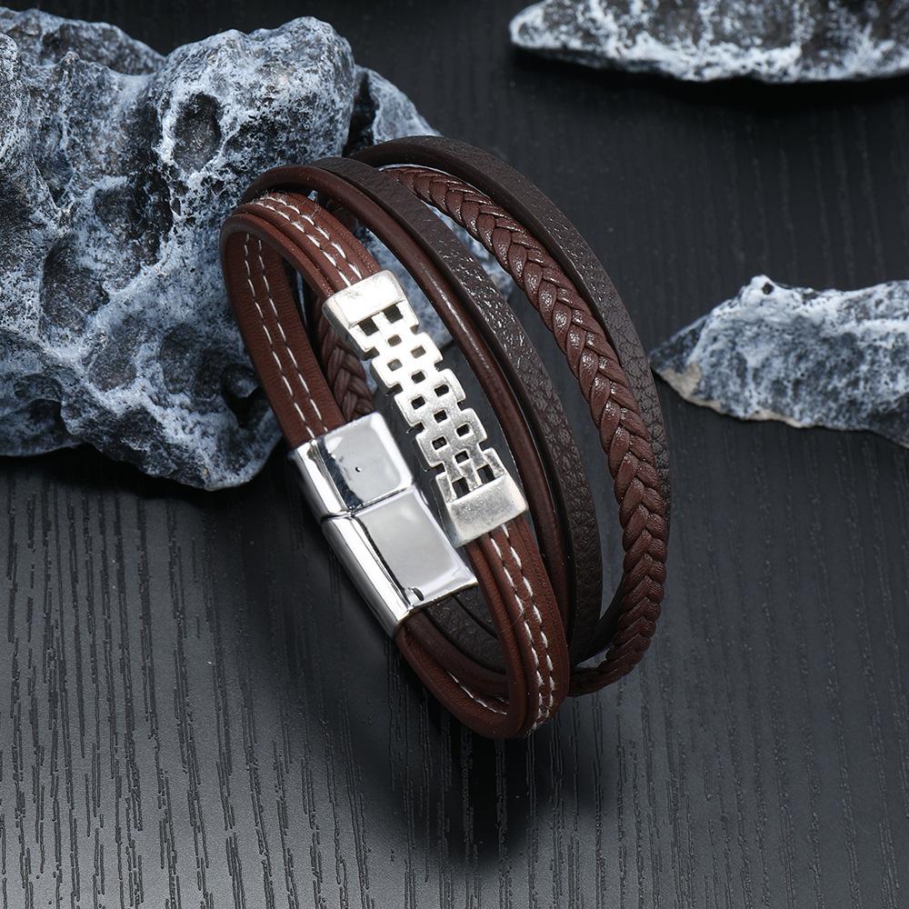 Vintage Multi Layer Magnetic Clasp Handwoven Genuine Leather Bracelet Cuff For Men Fashion Accessory