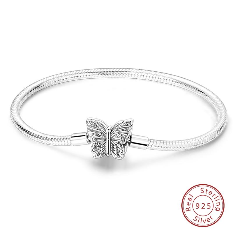 Original 925 Silver Heart Star Moon Snowflake Butterfly Bracelets 17 20CM For Women DIY Charms Jewelry Gifts