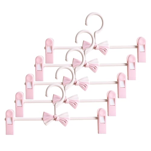 

Orirya 5-Piece Set of Plastic Pants Hangers, Skirt Hangers, and Laundry Hangers with Stylish Ribbon Decorations, Adjustable Width, Baby Hangers, and N