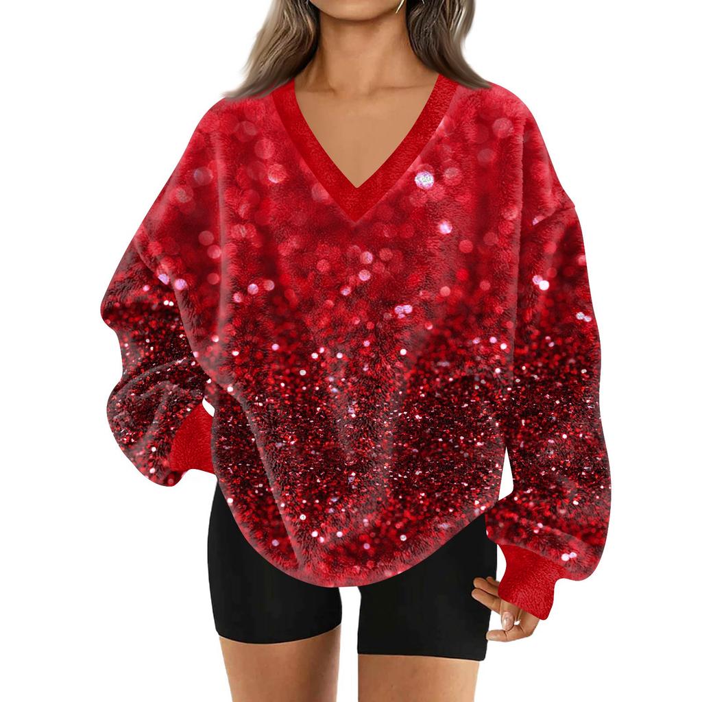 Women's Fashionable V-neck Christmas Printed Long Sleeved Casual Pullover Plush Warm Pocket Sweatshirt Top