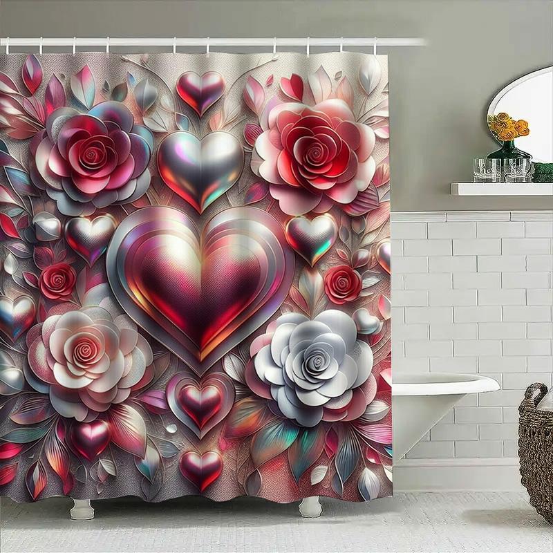 Romantic Heart And Rose Print Shower Curtain For Bathroom Decoration