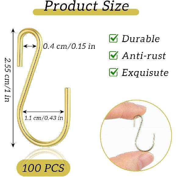 100PCS Gold S Hooks for Hanging,1 Inch Small S Hook, Metal Hanging Hooks Iron Wire Hook Hanger for Hang Jewelry Small Kitchenware Potted Plants Bags