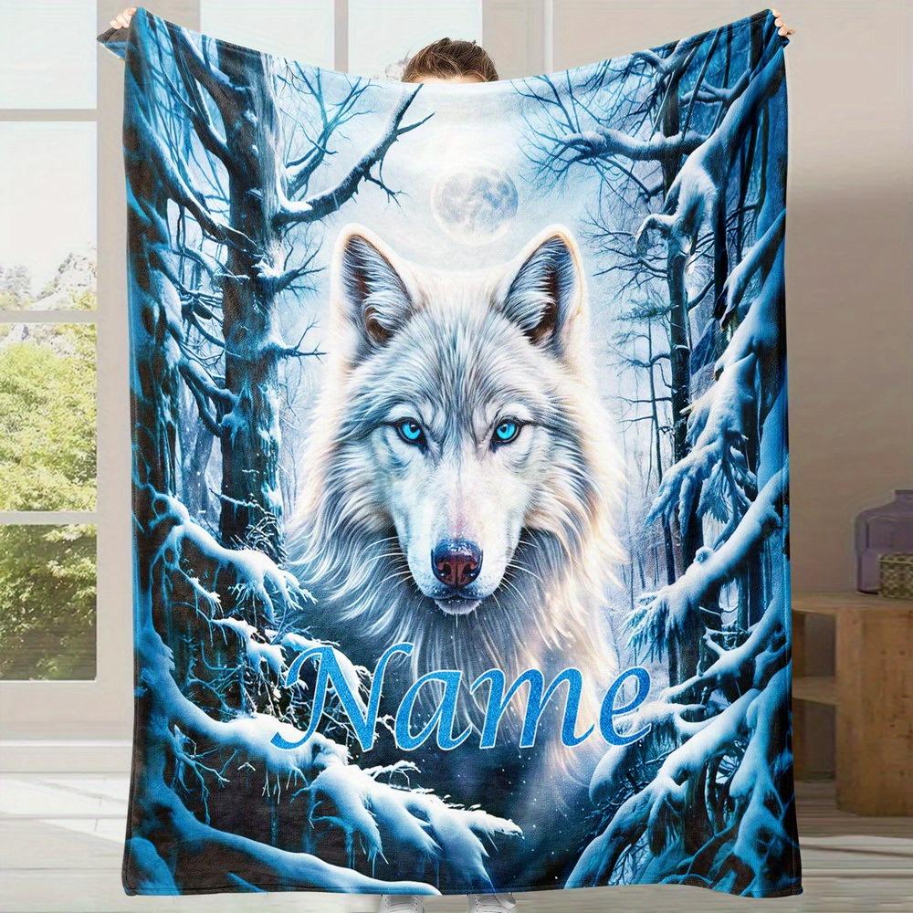 

1 customized wolf themed blanket with personalized name, soft flannel material, winter forest design, moon and snowflakes 76x102cm