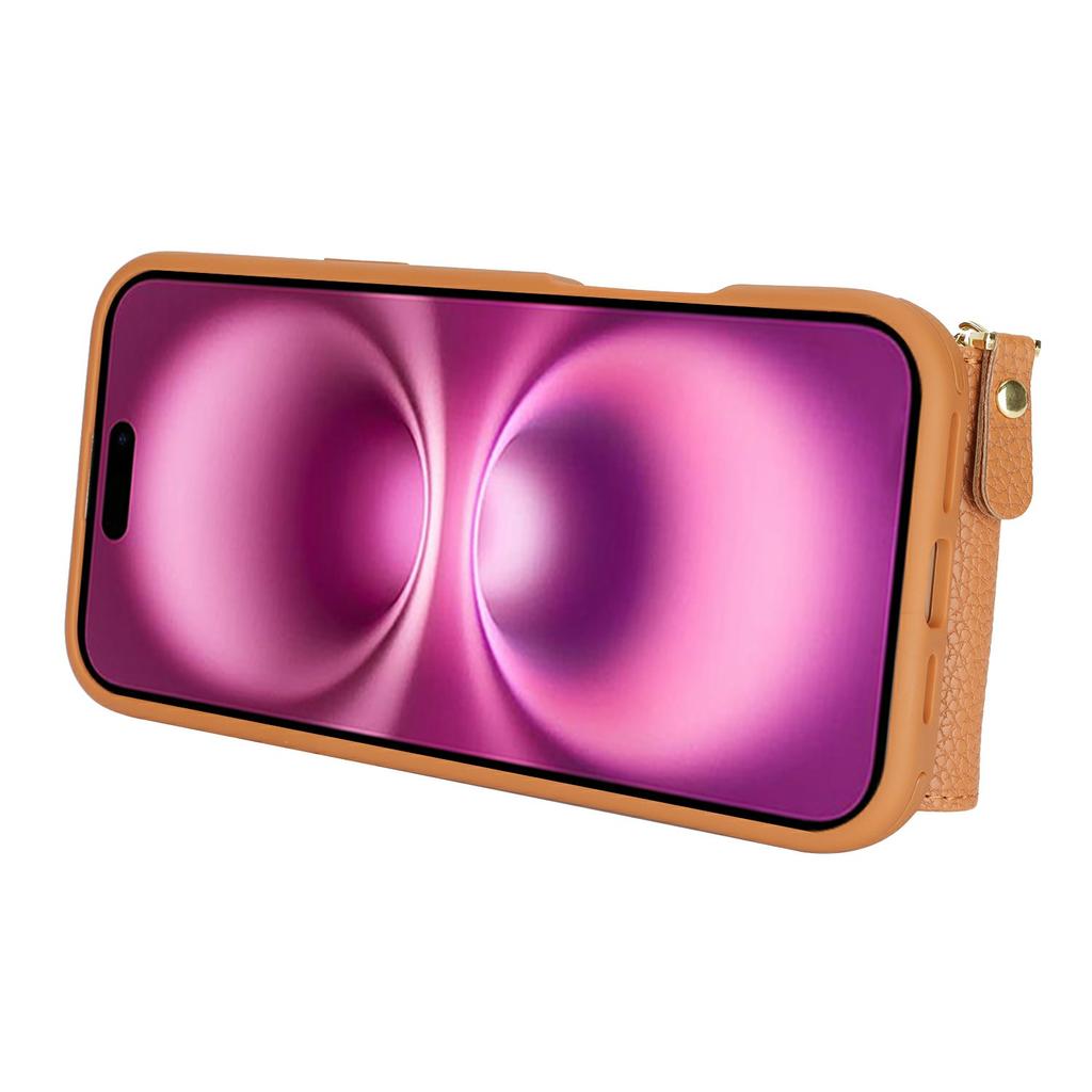 For iPhone 16 Case with Zipper Pouch/Ring Kickstand/Strap Litchi Texture PU + TPU Phone Cover